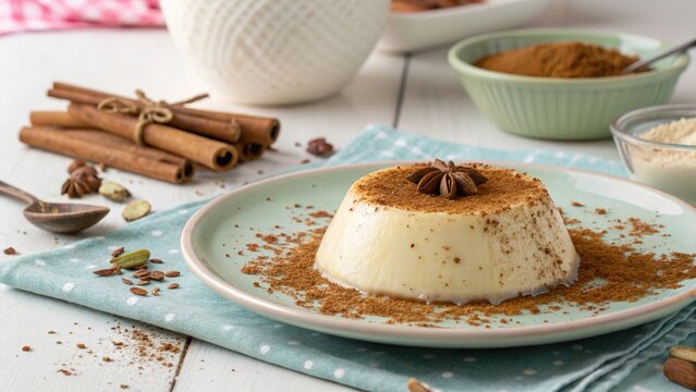 Delicious Colombian natilla dessert topped with cinnamon and served on a green plate