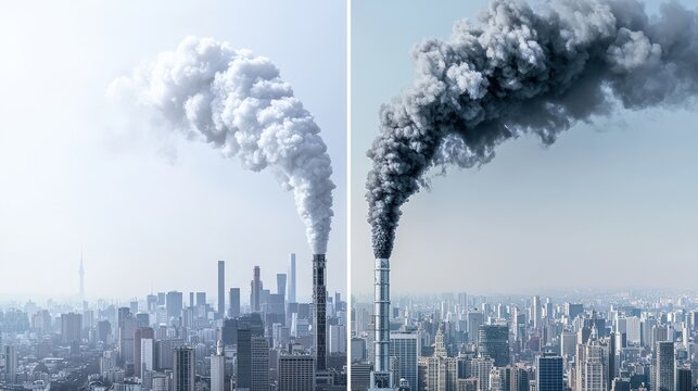 A split-screen image comparing a polluted cityscape with a clean one using carbon capture technology