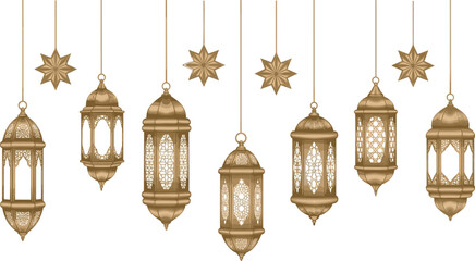 Obraz premium Set of golden Arabic lanterns with hanging stars, luxury Ramadan Kareem decorations, ornate Islamic lamps, and Eid al-Fitr festival ornaments