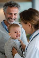 Obraz premium pediatric doctor gently examining crying baby while parents stand nearby, bright clean medical clinic, soft diffused lighting, professional healthcare environment