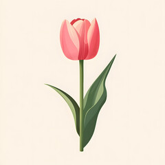  Single fresh pink tulip flower with green stem and leaves on a light neutral background