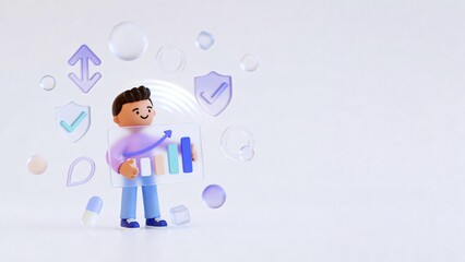 Obraz premium 3D business character presenting growth chart with security and analytics icons