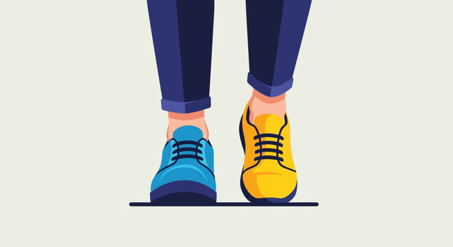 Person wearing mismatched colorful sneakers and blue jeans.