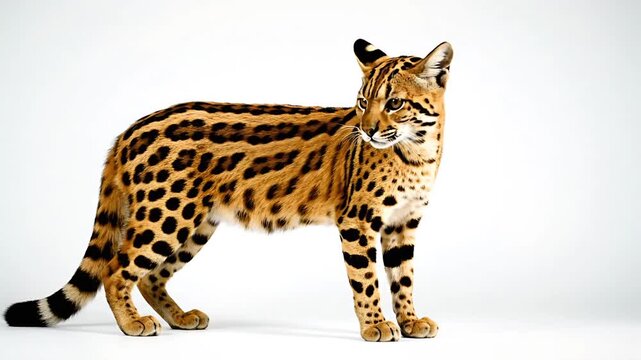 A stunning ocelot showcasing its beautiful coat with distinctive spots and markings. This wild cat stands elegantly, its focused gaze adding to its charm