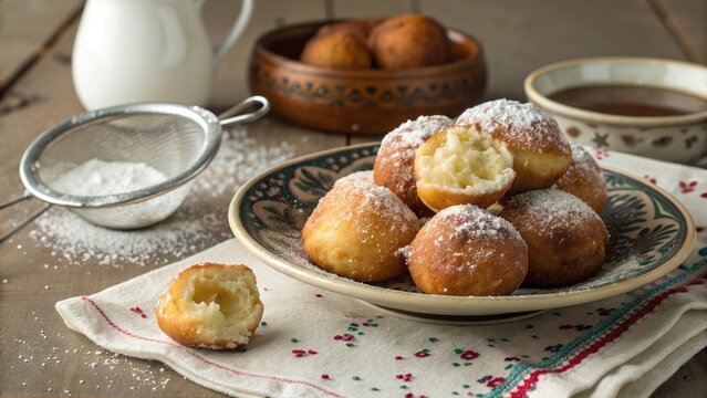 Croatian fritule doughnuts sprinkled with sugar on a rustic plate ready to be enjoyed