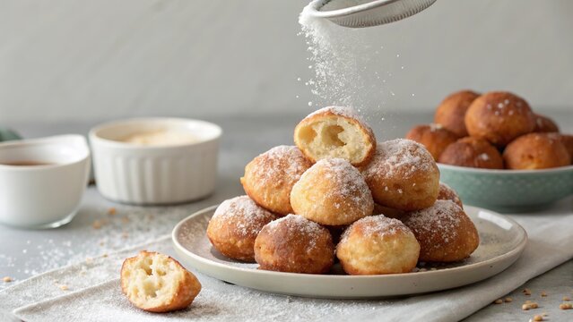 Croatian fritule doughnuts dusted with sugar served on a platter in a cozy setting