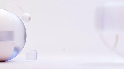 Transparent glass sphere and small cube in minimal pastel studio composition