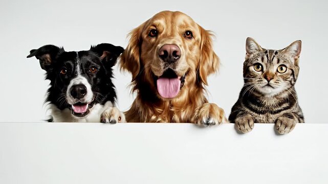A border collie, golden retriever, and tabby cat peek over the edge of a blank white sign looking directly at the viewer. The pets are posing together in a studio environment.
