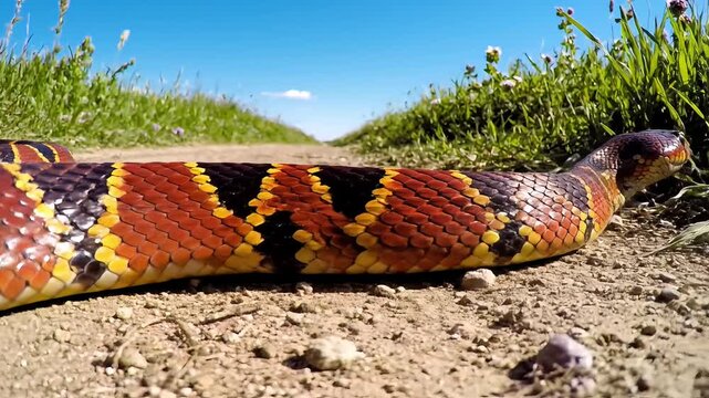 Vibrant red milk snake slithering on gravel path