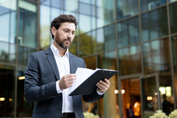 Young professional businessman in a sleek suit carefully reviewing reports and documents on a...