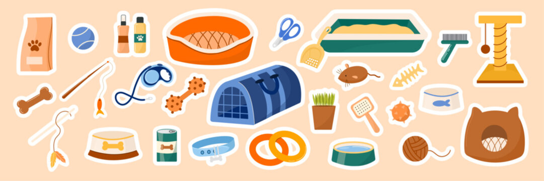 Set of pet care stickers with dog and cat accessories in flat vector style. Collection with pet carrier, bed, litter box, scratching post, toys, collar, leash and grooming tools.