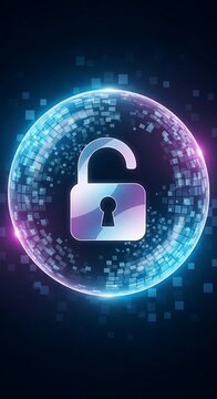 Glowing padlock in circle of light blue and purple pixels