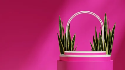 Fototapeten Pink empty mockup pink color curved cylinder in landscape arch backdrop, rendering 3d  © Faustudio