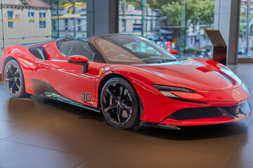 Fototapeta premium 2 March 2026 Italian Car beautiful Ferrari large mag wheels bright colours on show in Sydney NSW Australia