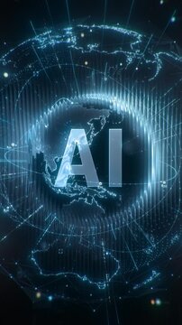 Futuristic 3D AI text animation with rotating digital Earth globe, glowing data network connections and HUD interface for global technology and artificial intelligence concept. Vertical 9:16 Footage