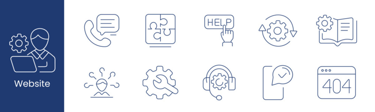 Website support service set icon. Operator phone puzzle help refresh manual settings user repair headset message 404 depict assistance maintenance system.