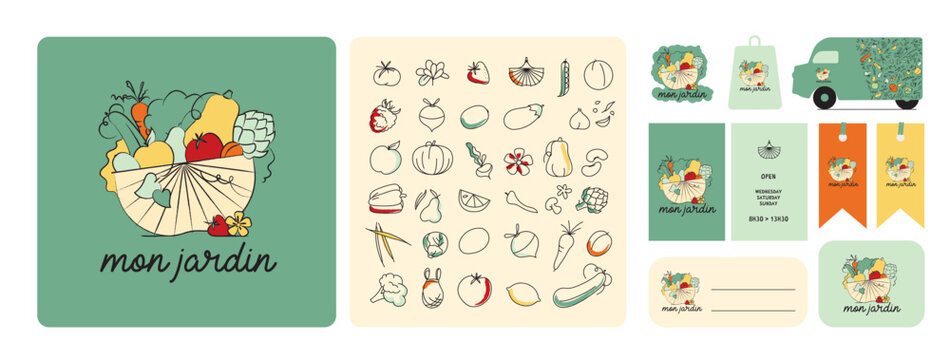 logo et &eacute;l&eacute;ments graphiques l&eacute;gumes et fruits, vente de fruits et l&eacute;gumes en direct, &agrave; la ferme, circuit court, local, march&eacute;, camion