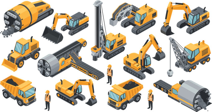 Isometric Heavy Machinery Vector Set with Excavators, Cranes, Dump Trucks, and Tunnel Boring Machines for Construction Site Planning, Engineering, and Industrial Project Illustrations
