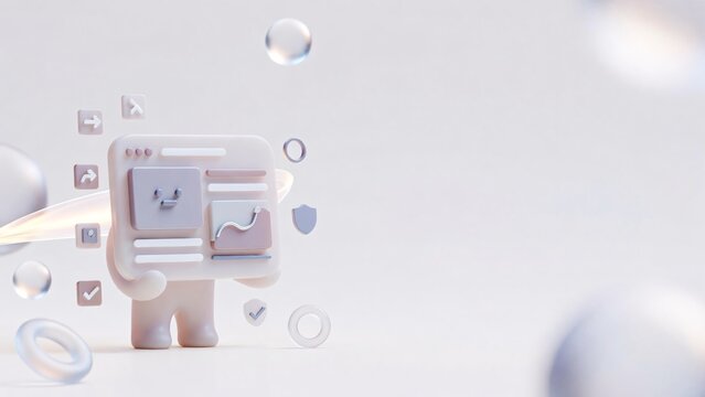 3D abstract user interface dashboard with floating widgets and analytics