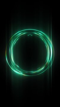 Futuristic 3D animation of glowing neon green circle ring on dark background, abstract motion graphics for social media story and HUD interface. Easy to overlay vertical 9:16 footage