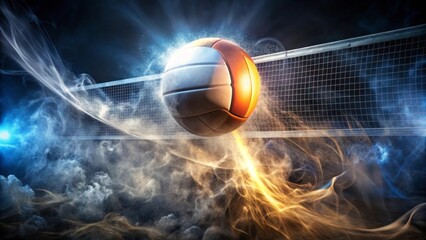 Fototapeta premium Dynamic Volleyball Action A Ball in Motion, Trailing Energetic Dust and Smoke, Soaring Over the Net