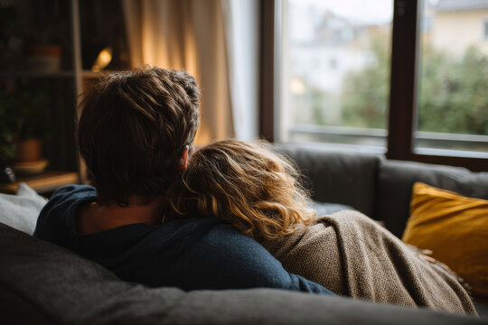 adult couple cuddling on couch under blanket on rainy day, soft diffused daylight from window, cozy modern apartment, intimate lifestyle mood