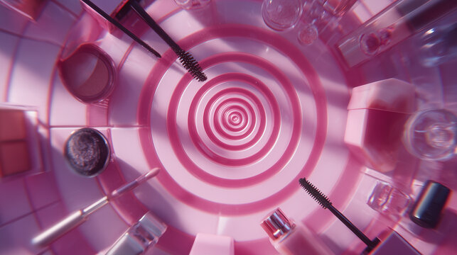 Mascara wands, powder compacts, and foundation bottles swirling in a spiral inside a bright bathroom
