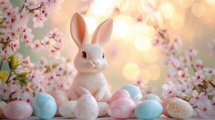Obraz premium adorable white rabbit figurine surrounded by pastel decorated eggs and pink cherry blossoms with warm golden bokeh, serene and whimsical springtime scene