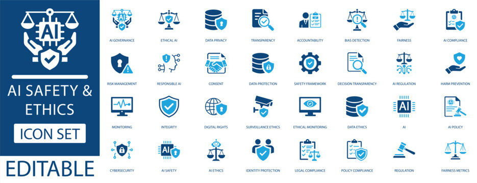 AI safety and ethics icon set featuring ethics, data privacy, compliance, and responsible technology symbols in a flat blue style. Editable vector.
