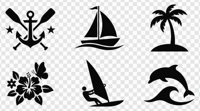 Collection of summer and nautical themed silhouette icons including an anchor and oars sailboat palm tree hibiscus flowers and butterfly windsurfer and dolphin jumping over a wave