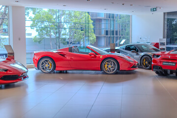 Fototapeta premium 2 March 2026 Italian Car beautiful Ferrari large mag wheels bright colours on show in Sydney NSW Australia
