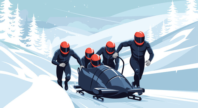 Competitive bobsleigh team in helmets and uniforms pushing their sled at high speed down a snowy mountain track in winter.