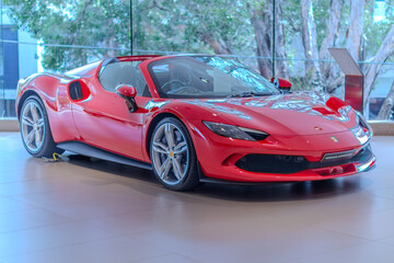 Fototapeta premium 2 March 2026 Italian Car beautiful Ferrari large mag wheels bright colours on show in Sydney NSW Australia