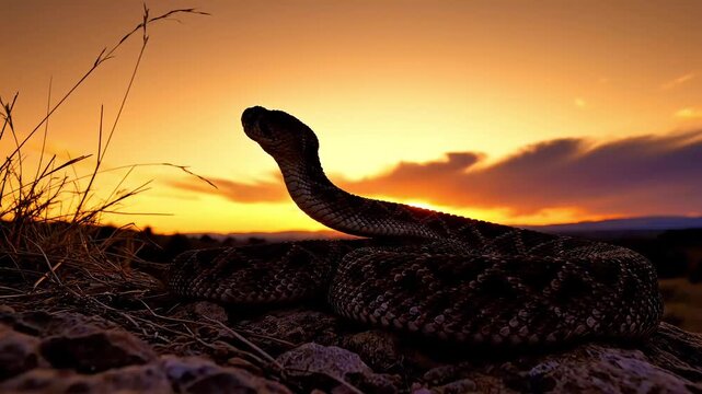 Two snakes facing each other at dramatic desert sunset