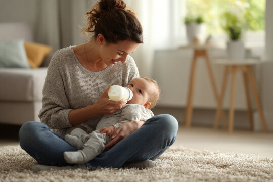 mother bottle feeding baby while sitting on soft carpet in sunlit room, minimalistic modern interior, genuine candid emotion, horizontal composition