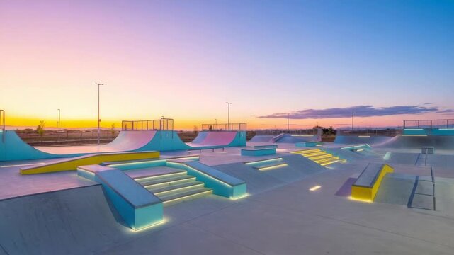 Modern skatepark design featuring ramps and structures at sunset