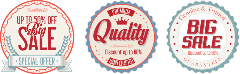 Collection of vintage sale and quality labels on white background