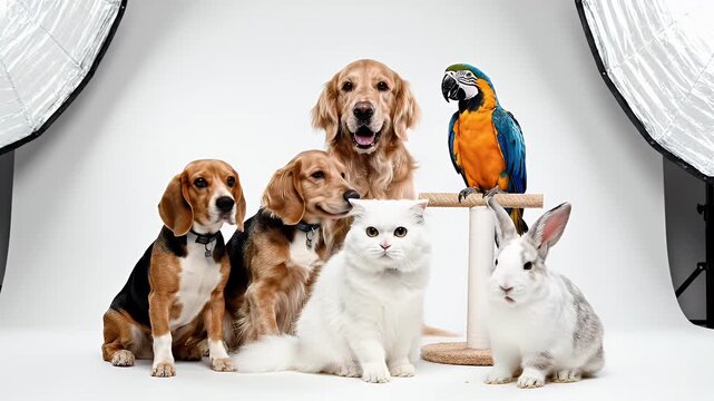 This video shows a group of different pets posing together on a seamless white background. The animals include dogs, a cat, a rabbit and a parrot.