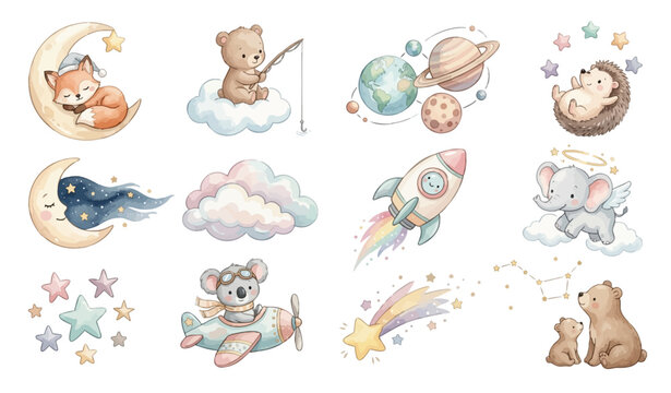 Cute watercolor baby space set with fox on moon, bear fishing, koala plane and elephant angel. Collection of Vector illustrations. Perfect for invitation, card, poster, banner, decoration