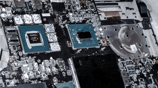 Laptop Motherboard Electronics Close Up with CPU Socket