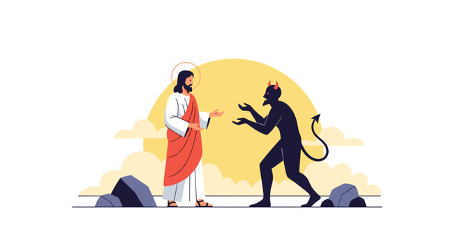 Religious illustration of Jesus Christ speaking with a dark devil figure in a desert landscape during sunset.
