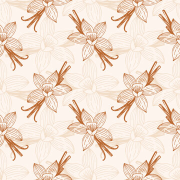 Aromatic soft creme pattern featuring vanilla flowers and pods. Warm brown and beige tones, perfect for backgrounds, textiles, food packaging, or cosmetics.