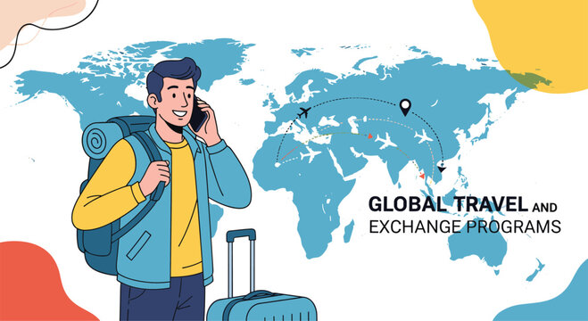 Young man with a backpack on a phone call with suitcase and world map for global travel and exchange programs.