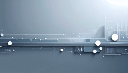 Obraz premium Nowoczesna grafika cyfrowa przedstawiająca abstrakcyjne obwody elektroniczne oraz białe punkty świetlne na eleganckim szarym tle technologicznym.