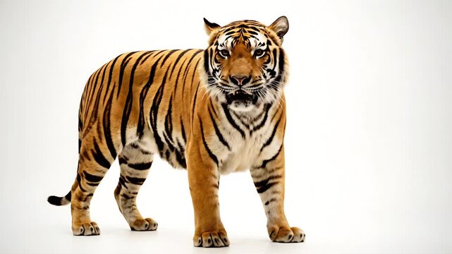 A majestic tiger standing with confidence and poise, showcasing its vibrant stripes. The tiger's powerful build and intense gaze command attention