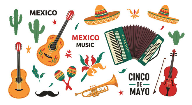 Collection of colorful Mexican cultural icons and instruments like guitars sombreros and maracas for celebrating Cinco de Mayo and music.