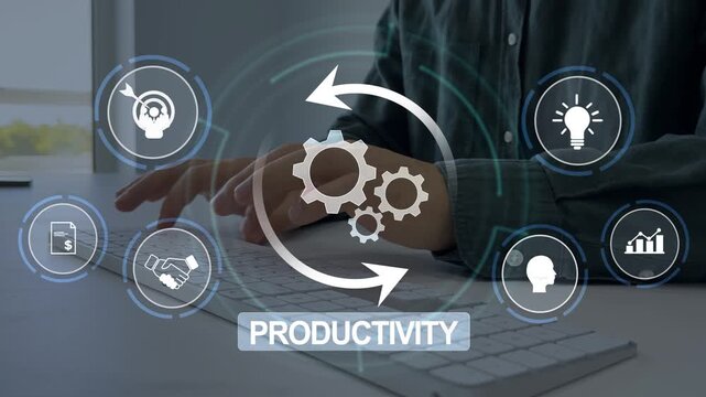 Digital productivity platform with task icons, business management tools,workflow analytics improving business efficiency. Workflow productivity, efficiency, teamwork performance in digital business.	