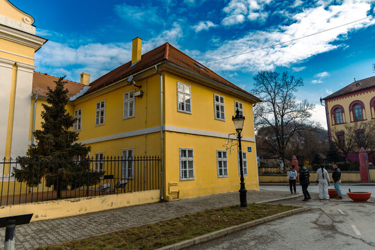 Yellow Historic House Corner Street Pedestrians