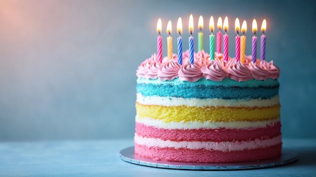 Multicolored layered celebration cake with pink rosette frosting and lit rainbow candles on a silver cake board against a soft blue backdrop, joyful festive mood