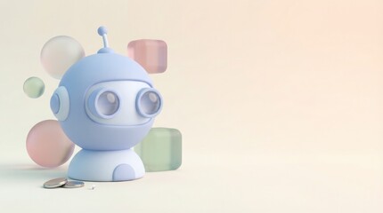 Pastel 3D friendly robot with floating geometric shapes on soft background